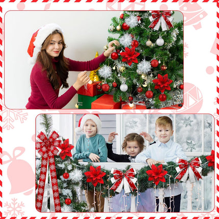 Liliful 63 Pcs Christmas Decorations Set Including Large Bow Christmas Tree Topper Glitter Bow Knots Poinsettia Flowers Metallic Tinsel Garland Balls Ornament White Snowflake Decor (Red)