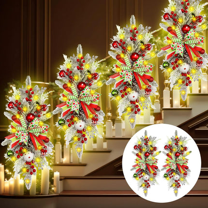 2 Pack Christmas Artificial Swags 24 in Prelit Flocked Xmas Door Stair Swags Teardrop Swag Cordless Christmas Stairway Decoration with LED Lights for Indoor Outdoor (Elf, Red and Green)
