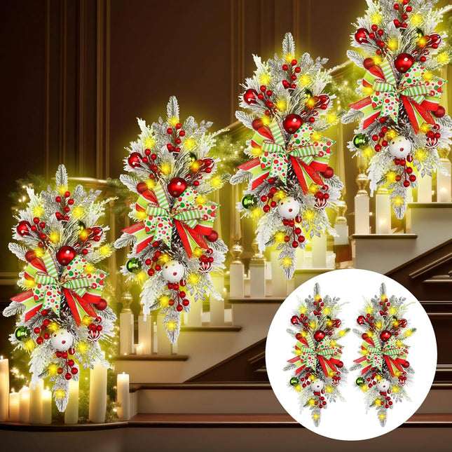 2 Pack Christmas Artificial Swags 24 in Prelit Flocked Xmas Door Stair Swags Teardrop Swag Cordless Christmas Stairway Decoration with LED Lights for Indoor Outdoor (Elf, Red and Green)