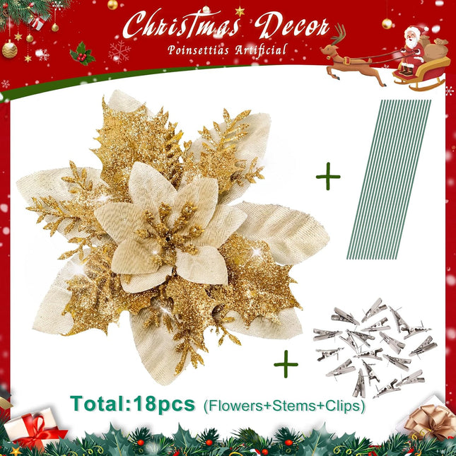 Christmas Tree Decor-18 Pcs 5.5" Poinsettias Artificial Christmas Flowers Picks with Clips Stems Xmas Ornaments for Christmas Wreaths Garland Home Party Decorations Gold