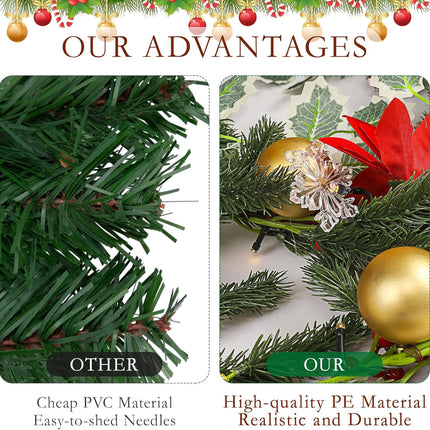 Christmas Garland with Lights, Rodelna Forest Pine Garland with Holly Flocked Pinecones Poinsettias, Pre-lit 6 Feet LED Snowflake Battery Operated for Fireplaces, Chandeliers, Wall, Stairs Railing