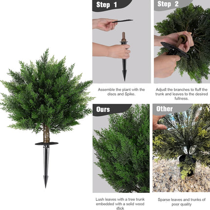 28.35 Inch 2 Set Artificial Cypress Topiary Tree, Outdoor Indoor Faux Boxwood Bush Plants, Fake Cedar Potted with Ground Spike for Home Front Porch Decor Outside Garden