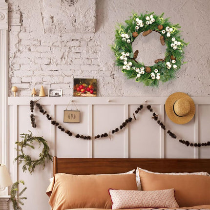 22" Christmas Wreath Artificial Winter Wreaths for Front Door Christmas Door Wreath with White Berries Pine Cones Needles Bells for Christmas and Winter Holidays