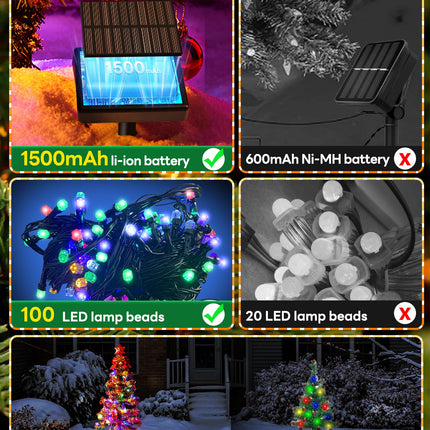 100LED Solar Christmas Tree Lights Outdoor Waterproof, 8 Modes Large Solar Christmas Trees Lights with Xmas Ball & Red Berry, Solar Powered Christmas Decorations for Outside Pathway Garden Yard Decor