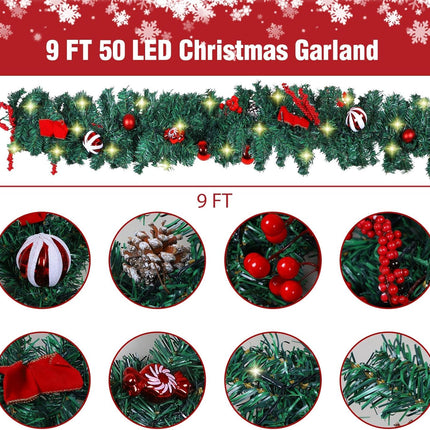 ANALIM 9 FT LED Christmas Garland with Christmas Balls Candies Pinecones Red Berries Bows, Multi-Function Christmas Garland with 50 Warm White LED Lights, 180 Branch Tips