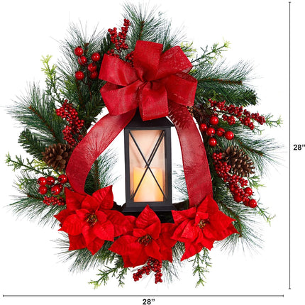 Nearly Natural 28in. Poinsettia and Berry Holiday Lantern Christmas Wreath with LED Candle,Red