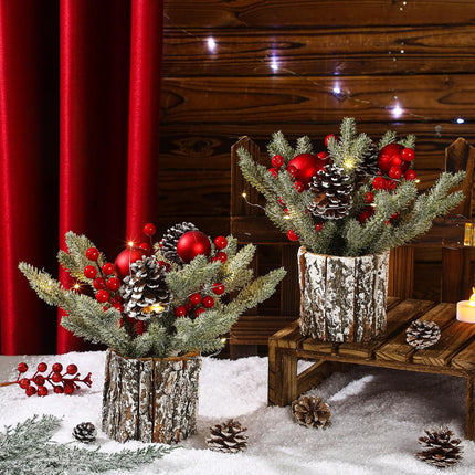 Lyrow 2 Pcs Small Christmas Tree Tabletop Mini Christmas Tree with Lights Artificial Mini Tabletop Christmas Tree Prelit Potted Decorations with Berries Pine Cones for Home Party 10.63 x 9.84 Inches