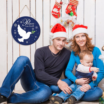 Gerrii Blue Christmas Decorations Christmas Hanging Wooden Sign Peace on Earth Door Sign Round Snow Christmas Wreath for Front Door Funny Winter Wreath Sign for Front Door Rustic Xmas Wood Sign