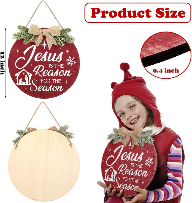 Christmas Wreath Wall Sign Front Door Decor Nativity Jesus is The Reason for The Season Wood Sign Round Wooden Hanging Decoration for Christmas Holiday Door Wall Indoor Outdoor, 12 Inch (Snowflake)