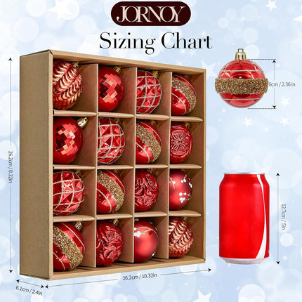 Pack of 16 Shatterproof Hanging Christmas Tree Balls with Hooks - 2.36 Inches Ball Ornaments for Xmas Tree Decoration, Red Gold Plastic Ball Baubles for Xmas Tree Wreath Garlands Party Decorations