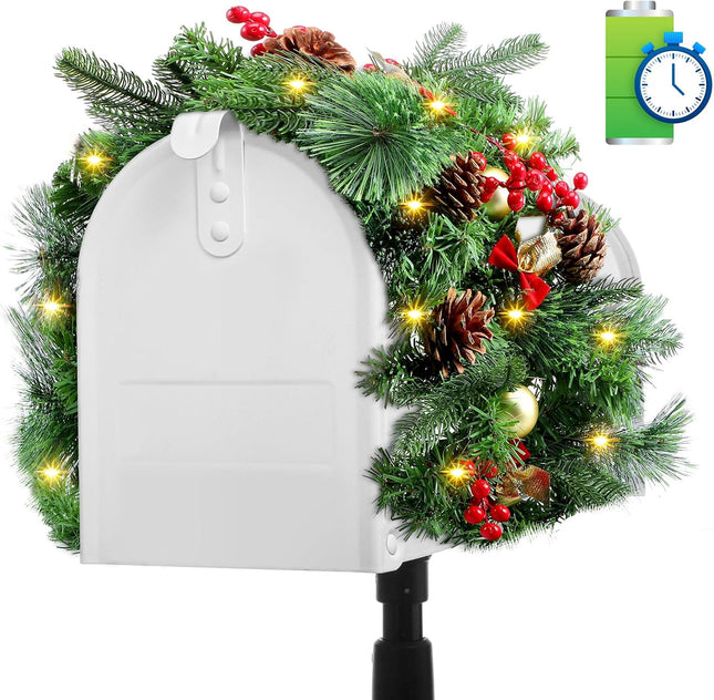 Riceshoot Pre Lit Artificial Christmas Mail Box Swag with Lights Berry and Pine Cones, 35.4 Inch Timed Mailbox Swag Christmas Mailbox Decoration Indoor Outdoor for Xmas Home Decor