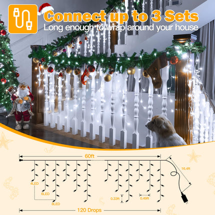 Ollny Icicle Lights for Outside 720LED 60FT, Cool White Christmas Lights with Remote 8 Modes Dimmable, Waterproof Connectable Timer Hanging Lights for House Outdoor Yard Indoor Decorations