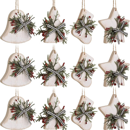 Christmas Decorations Indoor Decor: 12pcs Rustic Wood Christmas Tree Decorations, Boho Farmhouse Whitewash Hanging Ornaments with Plaid Bows Pine Branches for Kids Home Office Fireplace Garland