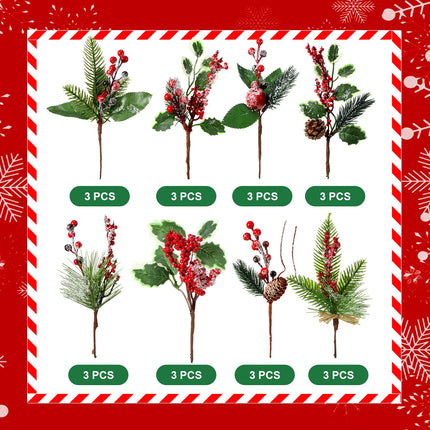WILLBOND Artificial Christmas Tree Picks Red Berry Pine Picks Spray Berry Branches Holly Pine Flower Pick Berry Pinecones for Christmas Crafts Party Festive Home Decor(Stylish Style, 24 Pcs)