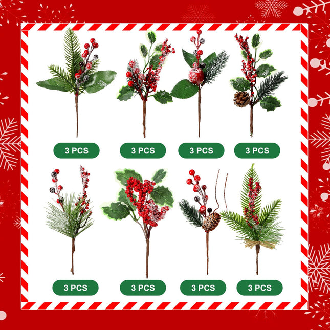 WILLBOND Artificial Christmas Tree Picks Red Berry Pine Picks Spray Berry Branches Holly Pine Flower Pick Berry Pinecones for Christmas Crafts Party Festive Home Decor(Stylish Style, 24 Pcs)