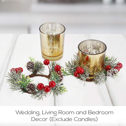 Christmas Votive Candle Holders with Snowy Pinecone Berry Candle Ring, Decorative Glass Tealight Candle Holder Set of 2 for Home, Wedding, Living Room and Bedroom Decor(Exclude Candles)