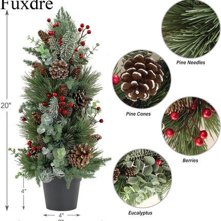20 Inch Tabletop Christmas Tree, Small Christmas Tree with Pine Needles, Berry and Eucalyptus, Tabletop Small Xmas Tree Perfect Christmas Decoration for Home, Living Room, Table