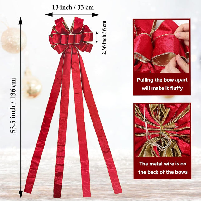 Red Bows for Christmas Tree 13x 53 Inch/Pieces Christmas Tree Topper Bow Red Velvet Fabric Bows Winter Decor for Home Christmas Garland Wedding Party (Red)