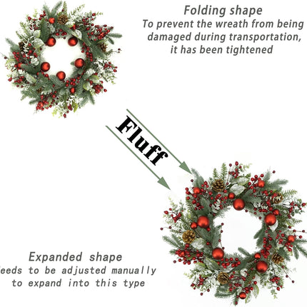 20 inch Artificial Christmas Wreath Winter Wreath with red Ball,red Berry,Pine Needles for Indoor Outdoor Farmhouse Home Wall Window Festival Wedding Decor