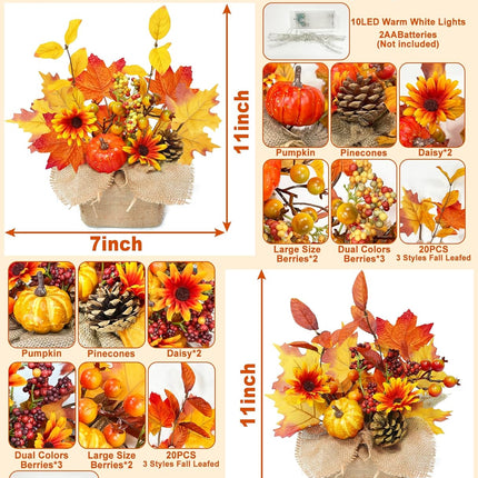 [ 2 Styles & Lighted ] 2 Pack 11 Inch Fall Maple Tree Thanksgiving Decor, Artificial Tabletop Fall Tree with 20 LEDs Battery Powered Fall Leafed Pumpkin Daisy Cones Berry Fall Decorations for Home