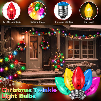 25 Pack Twinkle Christmas Replacement Bulbs, 7W C7 Random Blinking Light Bulbs for Christmas String Light, E12 Intermediate Base, Multi Color Light Bulbs for Night Lights (Clear Twinkle)