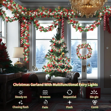 Christmas Garland with Lights Red Berry Pine Cone 6 FT Vines with Cool White Fairy Lights Faux Greenery Hanging Plant Lighted Christmas Garland for Mantle Fireplace Table Wall Door Decoration