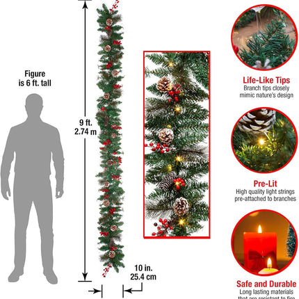 9FT Christmas Garland Decoration ，Battery Operated Lighted Garland with Pine Cones Red Berries Lush Branches，50 LED Lights 8 Modes，Christmas Decorations