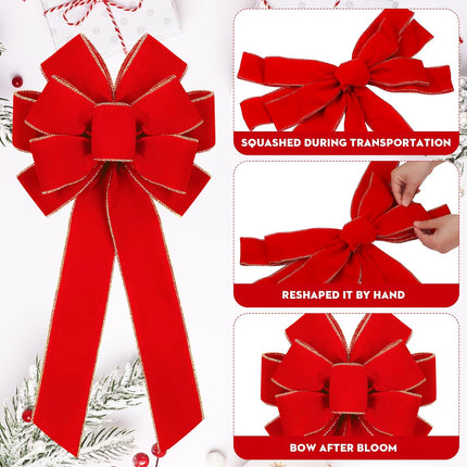2 Pieces Red Christmas Bows 20 x 12 Inches Large Velvet Christmas Wreath Bow with Glitter Gold Edge Christmas Tree Topper Ornament Bow for Christmas Home Indoor Outdoor Door Decor