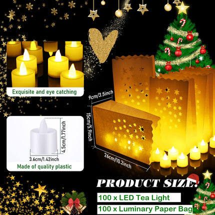 50 Set Luminary Paper Bags with Flameless Tea Lights, Christmas LED Tea Light Flameless Candle with Luminaries Candle Bag for Birthday Wedding Halloween Christmas Thanksgiving Party Decor (Star)