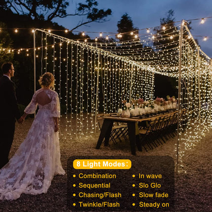 Battery Operated Curtain String Lights,9.8ft×9.8ft 300 LED Battery Curtain Lights with Remote Timer 8 Modes, Waterproof Curtain Fairy Lights for Outdoor Indoor Wedding Christmas Decor (Warm White)