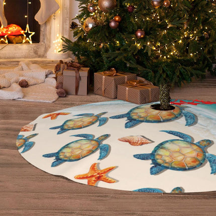 Sea Turtle Beach Starfish Ocean Coastal 36 Inch Christmas Tree Skirt Carpet Mat Funny Party Decor Supplies for Xmas Halloween Decorations Occasion Ornament