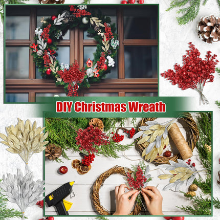 XunYee 40 Pcs 14" Xmas Artificial Glitter Leave Picks 20 Pcs 7.9" Artificial Red Berry Stems Fake Glitter Leaf Spray Faux Red Berry Picks Silver and Gold Floral Accents Christmas Glitter Berries Stems