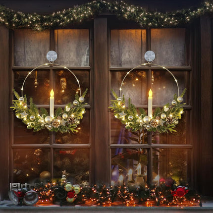 Dolicer 2 Pcs Christmas Wreaths for Windows, 12In Christmas Wreaths for Front Door Christmas Wreath with Lights Christmas Window Wreath with Taper Candles Remote Control for Holiday Christmas Party