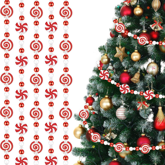 Zeyune 2 Pcs 13 Feet Christmas Candy Garlands Christmas Tree Garland Decorations Peppermint Beaded Candy Hanging Garland for Xmas Tree Wreaths Fireplace Holiday Party Supplies Home