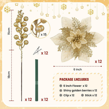 24 Pcs Christmas Tree Decorations Picks, Boxed 12Pcs Poinsettias Artificial Christmas Flowers with Clips and Stems+12pcs Holly Berry Stems for Xmas Tree Decor or Party Wreath Fireplace Stairs, Gold