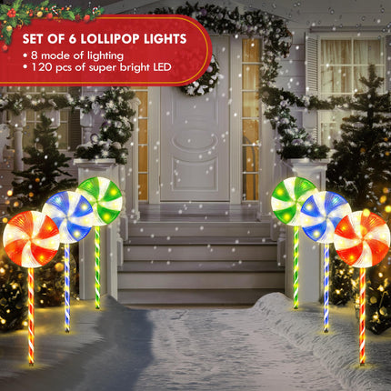 Flashmen 6PK 28inch Christmas Lollipop Pathway Light Outdoor Christmas Decorations 8 Lighting Modes Flickering Candy Marker Waterproof Outdoor Christmas Pathway Light 18ft