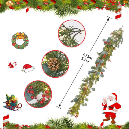Dolicer 5.7Ft Christmas Garland with 9.8Ft Lights Strings, Eucalyptus, Red Berries, Artificial Pine Cypress Garland Greenery Garland Christmas Decorations for Winter Party Home Fireplace Wall Decor