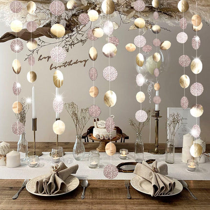 Glitter Party Decorations Champagne Gold Hanging Streamer Circle Dots Garland Paper Dots String Bunting Banner Backdrop Background Decor for Birthday Wedding Anniversary Engagement Christmas