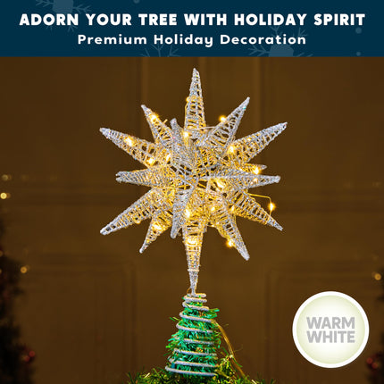 JOIEDOMI 11in Metal 3D Glitter Star Christmas Tree Topper Silver Tree Topper, 36LED Warm White with Plug Timer Star Tree Topper Ornaments Christmas Tree Decorations Home Holiday Party Indoor Decor