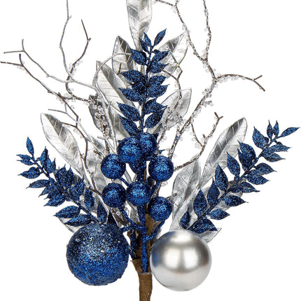DILATATA 3 Pcs Christmas Glitter Leaves Fern Stems with Ball Ornament, Bay Leaves, 15 Inch Artificial Christmas Picks Floral Branches for Christmas Tree, Xmas Wreath, Centerpieces, Home Decor - Blue