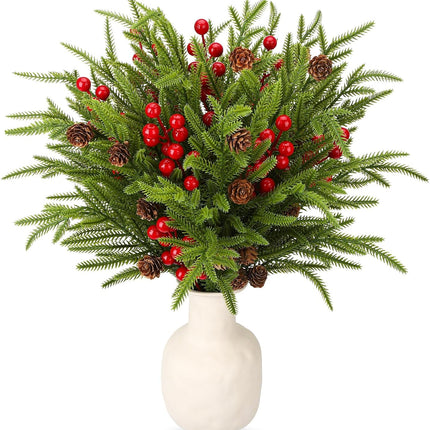 16 Pcs Christmas Norfolk Pine Branches with Red Berry Stems, Including 8 Pcs 18" Christmas Artificial Pine Branches 8 Pcs 8" Red Berry Stems for Xmas DIY Craft Outdoor