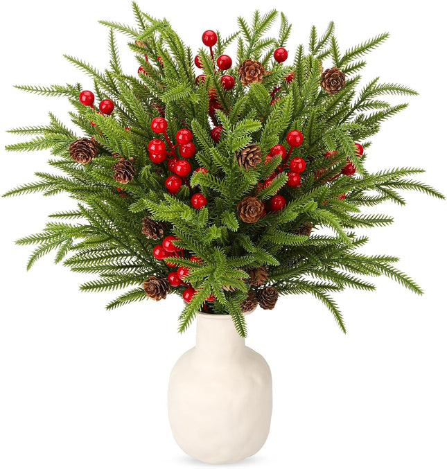 16 Pcs Christmas Norfolk Pine Branches with Red Berry Stems, Including 8 Pcs 18" Christmas Artificial Pine Branches 8 Pcs 8" Red Berry Stems for Xmas DIY Craft Outdoor