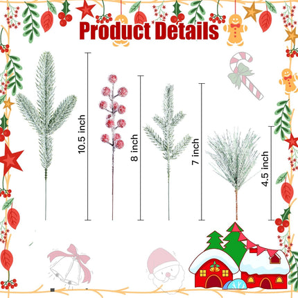 Sggvecsy 60 Pcs Artificial Snowy Pine Branches Fake Frosted Greenery Pine Picks Artificial Red Berry Stems Christmas Pine Needles for DIY Christmas Garland Wreath Xmas Flower Arrangements Decoration