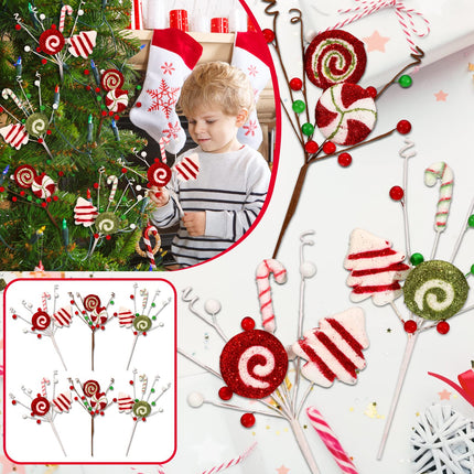 6 Pcs Christmas Tree Picks Candy Cane Decor Candy and Lollipop Pick Christmas Tree Decoration Red Green and White Stripes Christmas Ornaments for Xmas Tree Home Decorations Holiday