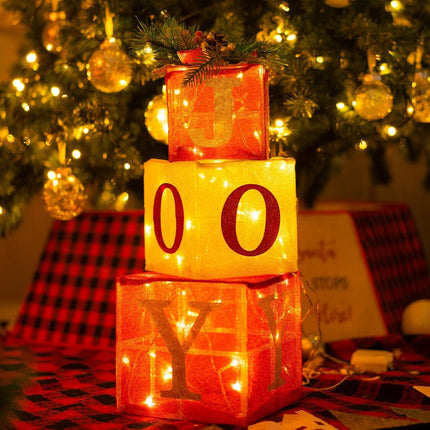 Hourleey Set of 3 Christmas Lighted Boxes, Pre-lit 60 LED Light Up Joy Present Boxes Ornament Decorations for Indoor Outdoor Xmas Tree Home Yard Lawn Decor
