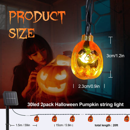2 Pack Halloween Solar String Lights Outdoor,20ft 30 LED Pumpkin Lantern Thanksgiving Halloween Decorations for Ourdoor Garden,Yard, Patio, Xmas Tree, Party, Home(Pumpkin,2PACK)