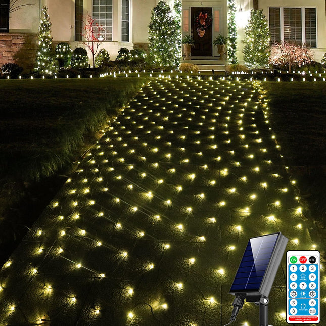 Solar Net Lights Outdoor, 240 LED Warm White Mesh Lights Waterproof, 11.5 ft x 5 ft 8 Modes Green Wire String Lights with Remote for Bushes Trees Patio Garden Shrubs Christmas Decoration