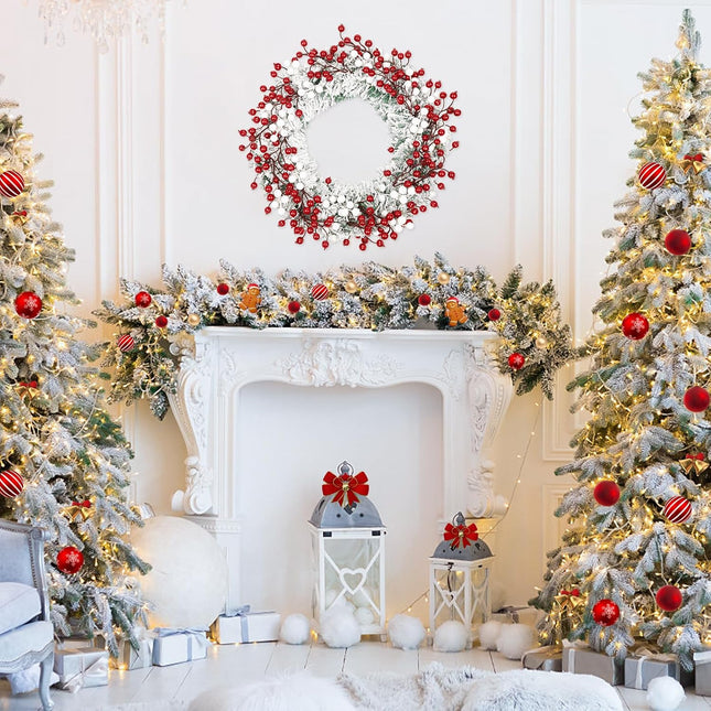 Winter Wreaths for Front Door, Outdoor Christmas Wreath Large White Xmas Reef Decorations with Snow Flocked Pine Red Berry 16" 20 inch Handmade Premium Holiday Indoor Outside Decor