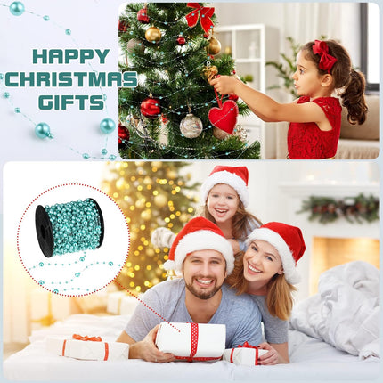 200 Feet Teal Blue Pearl Beads Garland Chain Christmas Artificial Pearl Strands Bead Decor Round Shiny Beads String Garland for Christmas Tree Party Decor Teal Wedding Bridal Bouquet Craft DIY