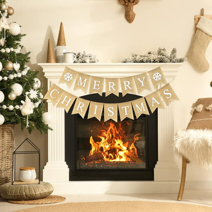 Whaline Merry Christmas Banner Burlap Christmas Fireplace Banner Christmas Wall Banners Snowflake Banner Bunting Garland Pre-Assembled Hanging Christmas Tree Decor for Christmas Party Supplies